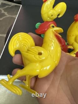 ROSBRO EASTER BUNNY Rooster PLASTIC CANDY CONTAINER 1950s Pull Toy Riding As Is