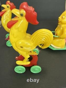 ROSBRO EASTER BUNNY Rooster PLASTIC CANDY CONTAINER 1950s Pull Toy Riding As Is