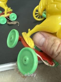 ROSBRO EASTER BUNNY Rooster PLASTIC CANDY CONTAINER 1950s Pull Toy Riding As Is