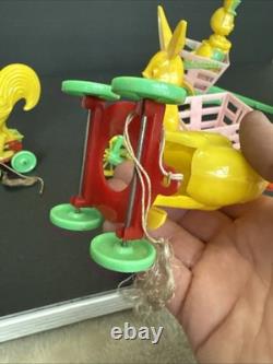 ROSBRO EASTER BUNNY Rooster PLASTIC CANDY CONTAINER 1950s Pull Toy Riding As Is