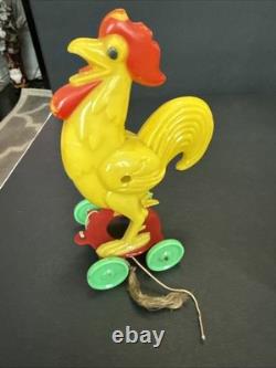 ROSBRO EASTER BUNNY Rooster PLASTIC CANDY CONTAINER 1950s Pull Toy Riding As Is
