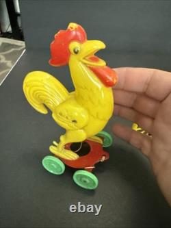 ROSBRO EASTER BUNNY Rooster PLASTIC CANDY CONTAINER 1950s Pull Toy Riding As Is