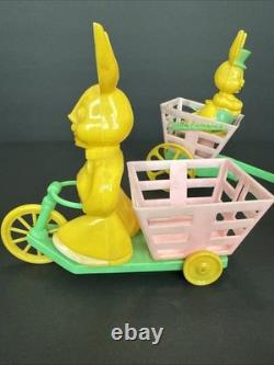 ROSBRO EASTER BUNNY Rooster PLASTIC CANDY CONTAINER 1950s Pull Toy Riding As Is
