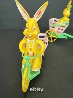 ROSBRO EASTER BUNNY Rooster PLASTIC CANDY CONTAINER 1950s Pull Toy Riding As Is