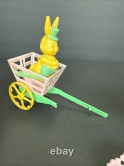 ROSBRO EASTER BUNNY Rooster PLASTIC CANDY CONTAINER 1950s Pull Toy Riding As Is