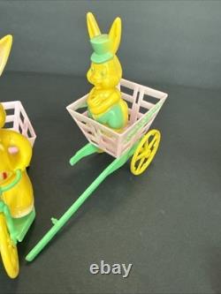 ROSBRO EASTER BUNNY Rooster PLASTIC CANDY CONTAINER 1950s Pull Toy Riding As Is