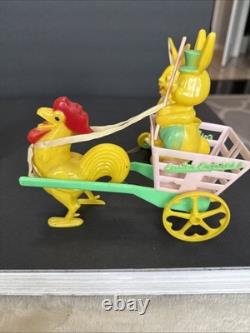 ROSBRO EASTER BUNNY Rooster PLASTIC CANDY CONTAINER 1950s Pull Toy Riding As Is