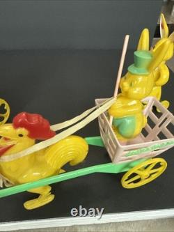 ROSBRO EASTER BUNNY Rooster PLASTIC CANDY CONTAINER 1950s Pull Toy Riding As Is