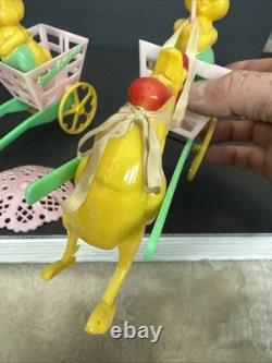ROSBRO EASTER BUNNY Rooster PLASTIC CANDY CONTAINER 1950s Pull Toy Riding As Is