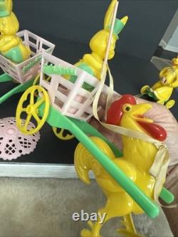 ROSBRO EASTER BUNNY Rooster PLASTIC CANDY CONTAINER 1950s Pull Toy Riding As Is