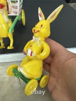 ROSBRO EASTER BUNNY Rooster PLASTIC CANDY CONTAINER 1950s Pull Toy Riding As Is