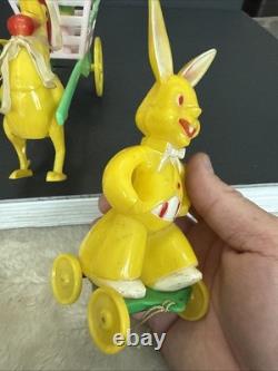 ROSBRO EASTER BUNNY Rooster PLASTIC CANDY CONTAINER 1950s Pull Toy Riding As Is