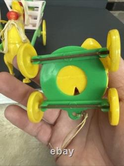 ROSBRO EASTER BUNNY Rooster PLASTIC CANDY CONTAINER 1950s Pull Toy Riding As Is