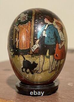 Rare Antique Tin Easter Halloween Egg Candy Container Witch Cat Hansel Gretel