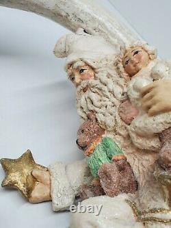 Rare Bethany Lowe Santa Sitting On A Moon Holding Star & Little Girl Paper Mache