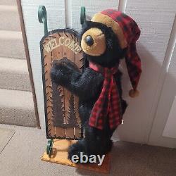 Rare Dan Dee Black Bear Welcome Display Holding Sled Wooden Stand 40 20+ Lbs