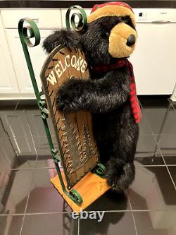 Rare Dan Dee Black Bear Welcome Display Holding Sled Wooden Stand 40 20+ Lbs