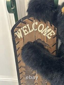 Rare Dan Dee Black Bear Welcome Display Holding Sled Wooden Stand 40 20+ Lbs