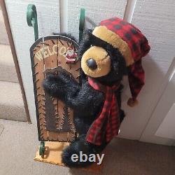 Rare Dan Dee Black Bear Welcome Display Holding Sled Wooden Stand 40 20+ Lbs