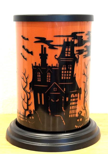 Rare Htf Spooky Glass Halloween Haunted House Hurricane Candle Holder With Base