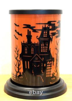 Rare Htf Spooky Glass Halloween Haunted House Hurricane Candle Holder With Base