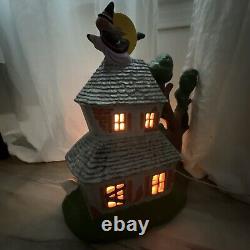 Rare Vintage Halloween 16 Tall Ceramic Haunted House Witch Bat Blinking Lights