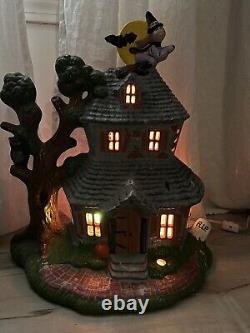 Rare Vintage Halloween 16 Tall Ceramic Haunted House Witch Bat Blinking Lights