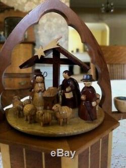 Rare Vintage Nativity German Pyramid Carousel w Thorens Music Box Stille Nacht