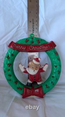 Rare Vintage Rosbro Christmas Hard Plastic Santa w Wreath Candy Holder