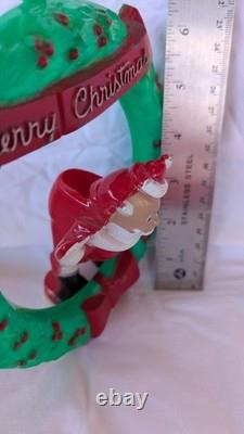 Rare Vintage Rosbro Christmas Hard Plastic Santa w Wreath Candy Holder