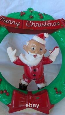 Rare Vintage Rosbro Christmas Hard Plastic Santa w Wreath Candy Holder