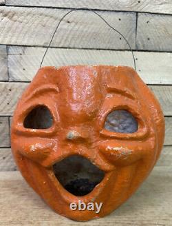 Rare Vtg 7.5 30s-40s Paper Mache PUMPKIN Jack O Lantern Halloween Decoration EX