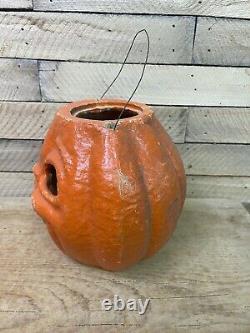 Rare Vtg 7.5 30s-40s Paper Mache PUMPKIN Jack O Lantern Halloween Decoration EX