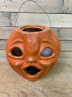 Rare Vtg 7.5 30s-40s Paper Mache PUMPKIN Jack O Lantern Halloween Decoration EX