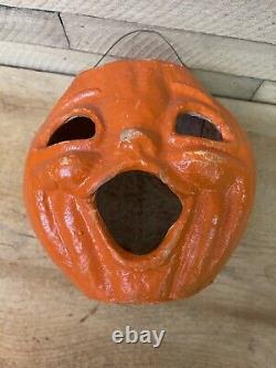 Rare Vtg 7.5 30s-40s Paper Mache PUMPKIN Jack O Lantern Halloween Decoration EX