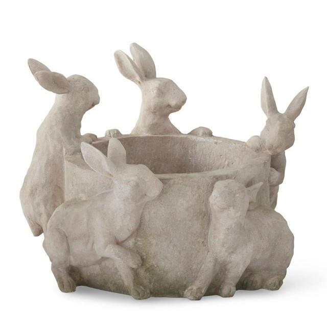 Resin Faux Stone 5 Bunny Rabbit Flower Pot 11 Inch