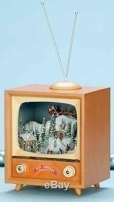 Retro Tv With Santa Flying Over Snowy Town, Many Christmas Songs, Music Box New