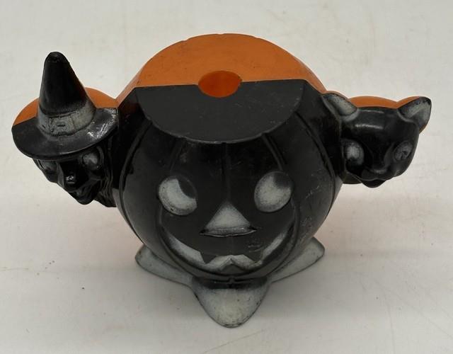 Rosen Plastic Halloween Jol Sucker Candy Container Black Front Orange Witch Cat