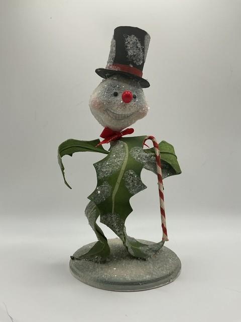 Rucus Studio By Bethany Lowe Snowman Leaf Body Top Hat With Candy Cane Sparkles
