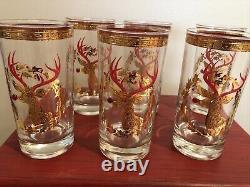 SET 6 Culver Rudolph Reindeer 22K Gold Red Jewel Nose 5 5/8 Glasses