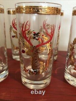 SET 6 Culver Rudolph Reindeer 22K Gold Red Jewel Nose 5 5/8 Glasses