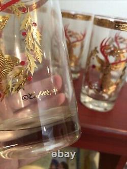 SET 6 Culver Rudolph Reindeer 22K Gold Red Jewel Nose 5 5/8 Glasses