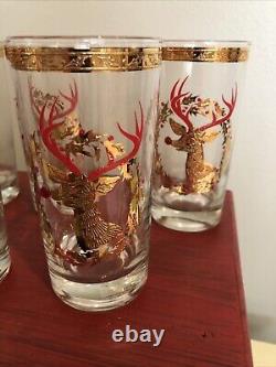 SET 6 Culver Rudolph Reindeer 22K Gold Red Jewel Nose 5 5/8 Glasses