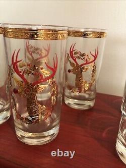 SET 6 Culver Rudolph Reindeer 22K Gold Red Jewel Nose 5 5/8 Glasses