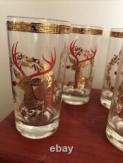 SET 6 Culver Rudolph Reindeer 22K Gold Red Jewel Nose 5 5/8 Glasses