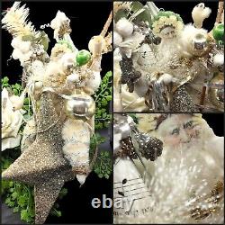 Santa Riding Star Ornament Artisan Designed 10H Felt Silver Gold Glitter Birds