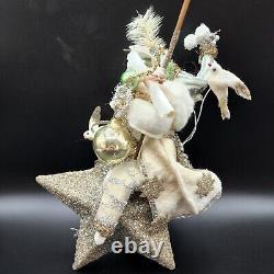 Santa Riding Star Ornament Artisan Designed 10H Felt Silver Gold Glitter Birds