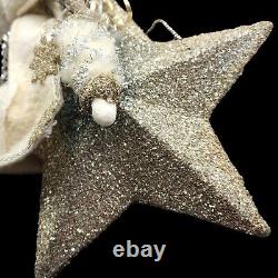 Santa Riding Star Ornament Artisan Designed 10H Felt Silver Gold Glitter Birds