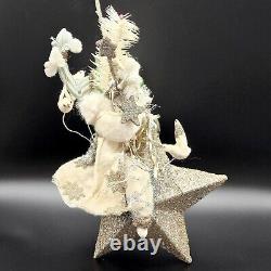 Santa Riding Star Ornament Artisan Designed 10H Felt Silver Gold Glitter Birds