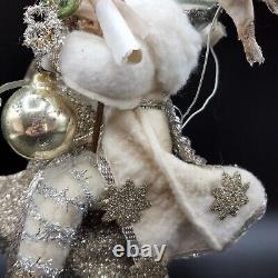 Santa Riding Star Ornament Artisan Designed 10H Felt Silver Gold Glitter Birds